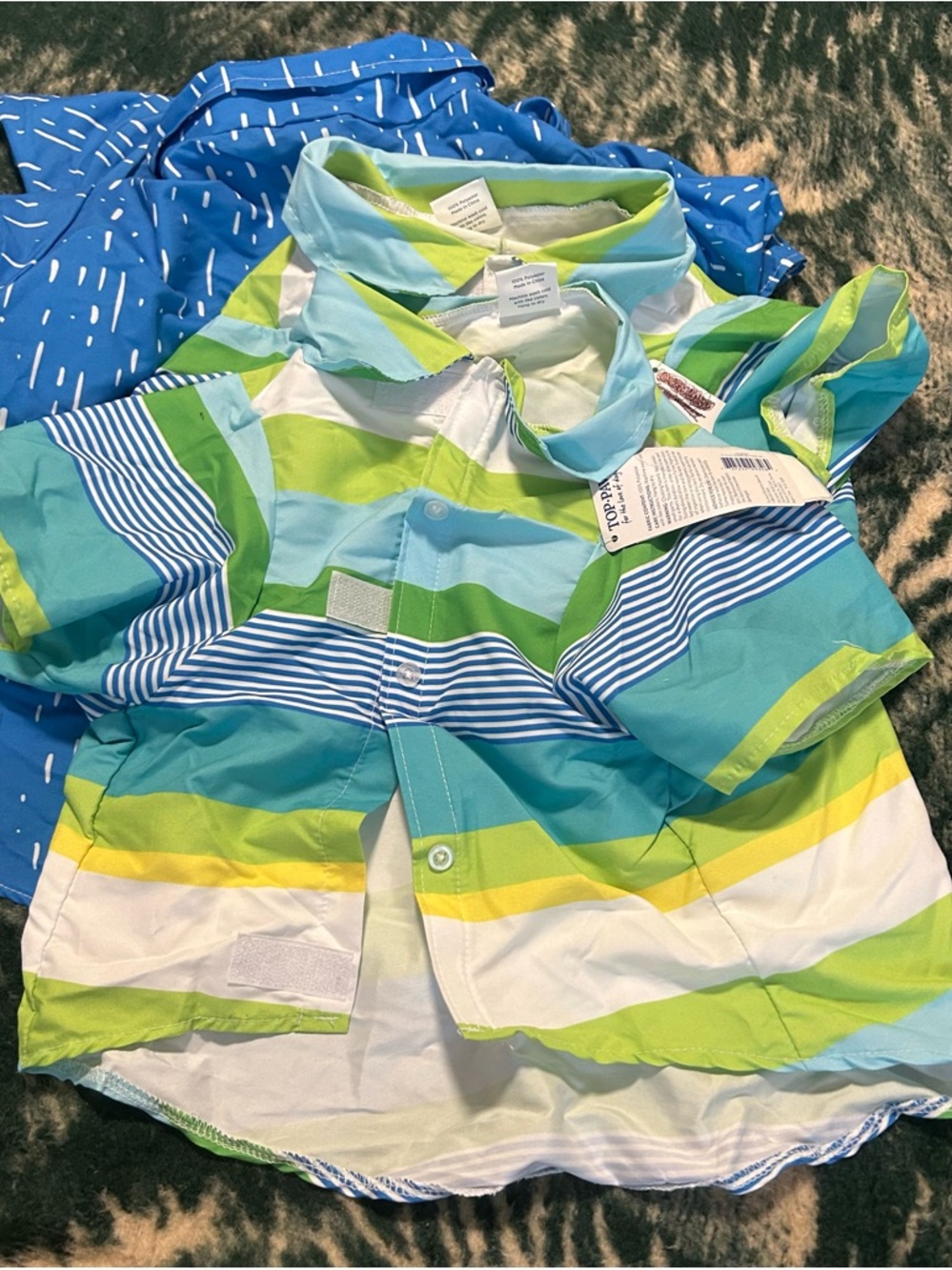 Top-Paw Pet shirts Striped Short Sleeve Button Up Shirt in Blue, Green & White